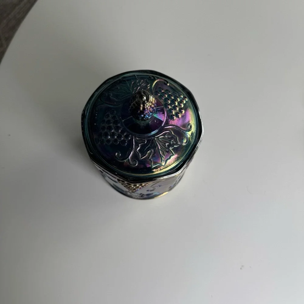 VTG Indiana Blue Grape Harvest Carnival Glass Candy Canister Iridescent W/lid